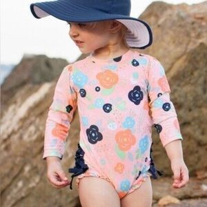 RuffleButts Peach Navy Floral Rash Guard Swimsuit 6-12M Ruffle Butt One Piece